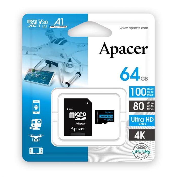 Карта пам'яті Apacer microSD  64GB C10 UHS-I U3 R100/W80MB/s + SD