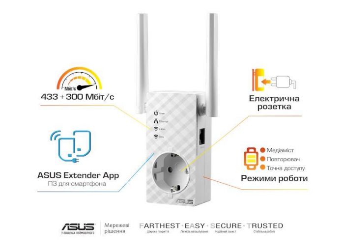 Повторювач Wi-Fi сигналу ASUS RP-AC53 AC750 1xFE LAN ext. ant x2 розетка