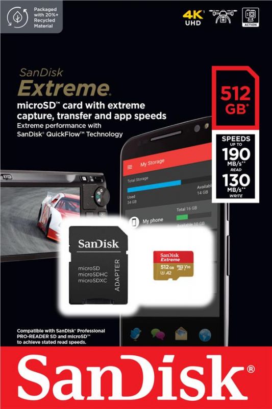 Карта пам'яті SanDisk microSD  512GB C10 UHS-I U3 R190/W130MB/s Extreme V30 + SD