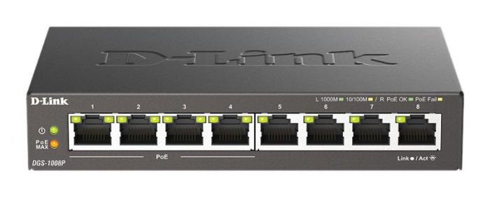 Комутатор D-Link DGS-1008P, 8xGE (4xGE PoE, 4xGE), 60W, 802.3at