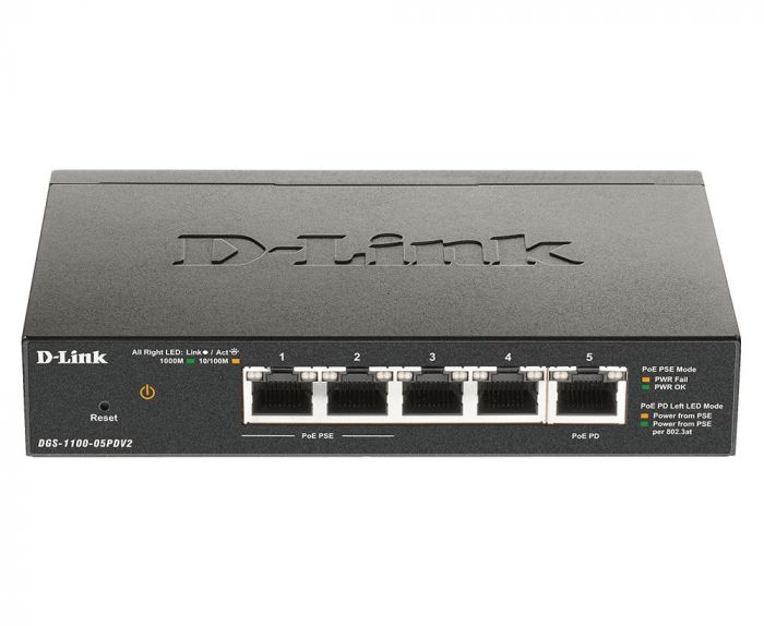 Комутатор D-Link DGS-1100-05PD 5xGE, (2xGE, 2xGE PoE, 1xGE PD), EasySmart