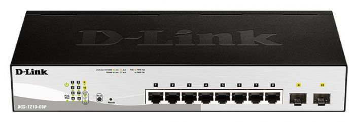 Комутатор D-Link DGS-1210-08P/E 8x1GE PoE, 2xSFP