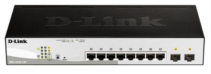 Комутатор D-Link DGS-1210-10P/E 8xGE PoE, 2xSFP, WebSmart