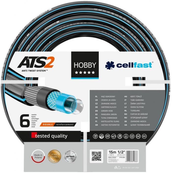 Шланг садовий Cellfast HOBBY Ats2™ 1/2' 15м, 6 шарів, до 30 Бар, -20…+65°C