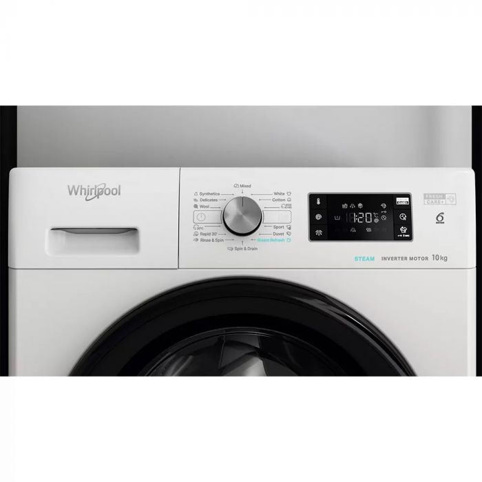 Пральна машина Whirlpool фронтальна, 10кг, 1400, A+++, 60см, дисплей, пара, інвертор, люк чорний, білий