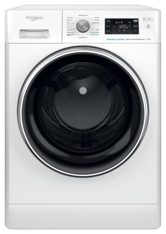 Пральна машина Whirlpool фронтальна, 11кг, 1400, A+++, 60см, дисплей, пара, інвертор, люк чорний, білий