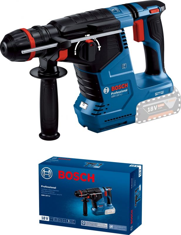 Перфоратор акумуляторний Bosch GBH 187-LI, патрон SDS-plus 24мм, 18В, 2.4Дж, 3 режими, 980об/хв, 3кг, без АКБ та ЗП