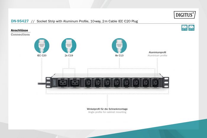 Пристрій розподілу електроживлення DIGITUS 1U, 8xC13, 2xC19, 16A, 250V, вилка C20