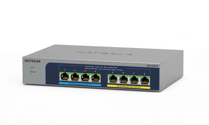 Комутатор NETGEAR MS108UP, 4x2,5GE PoE+, 4x2,5GE PoE++(60Вт/порт), 230Вт, некерований