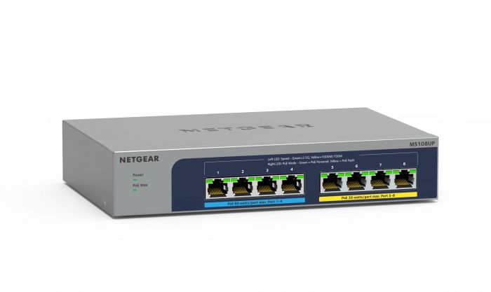 Комутатор NETGEAR MS108UP, 4x2,5GE PoE+, 4x2,5GE PoE++(60Вт/порт), 230Вт, некерований