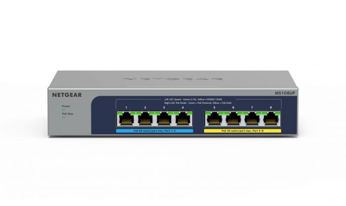 Комутатор NETGEAR MS108UP, 4x2,5GE PoE+, 4x2,5GE PoE++(60Вт/порт), 230Вт, некерований