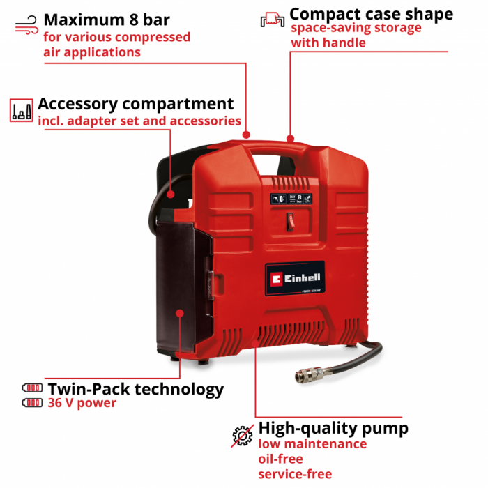 Компресор автомобільний Einhell TE-AC 36/8 Li OF Set-Solo PXC акум, 36В, в формі валізи, безмасляний, 130 л/хв, пістолет і шланг в комплекті (без АКБ та ЗП)