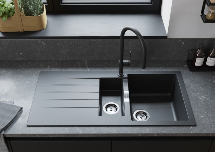 Мийка кухонна Hansgrohe S52, граніт, прямокутник, з крилом, 980х480х190мм, чаша - 1.5, врізна, сірий камінь