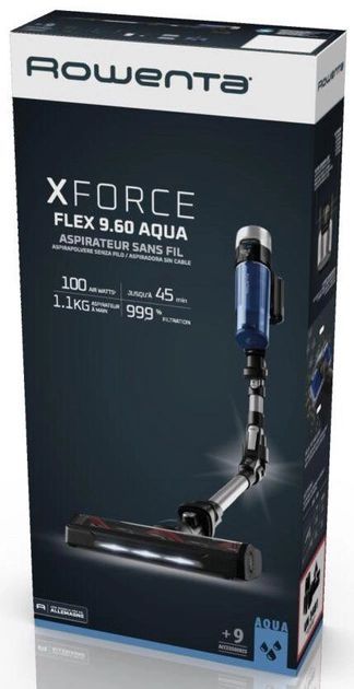 Пилосос ROWENTA безпровідний X-Force 9.6 Aqua Allergy, 250Вт, вологе прибирання, конт пил -0,44л, автон. робота до 45хв, срібно-синій