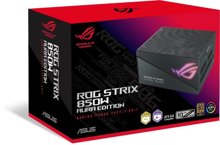 Блок живлення ASUS ROG STRIX AURA  (850W), >90%, 80+ Gold, 135мм, 1xMB 24pin(20+4), 2xCPU 8pin(4+4), 4xMolex, 5xSATA, 4xPCIe 8pin(6+2), Fully Modular, ARGB, ROG-STRIX-850G-AURA-GAMING