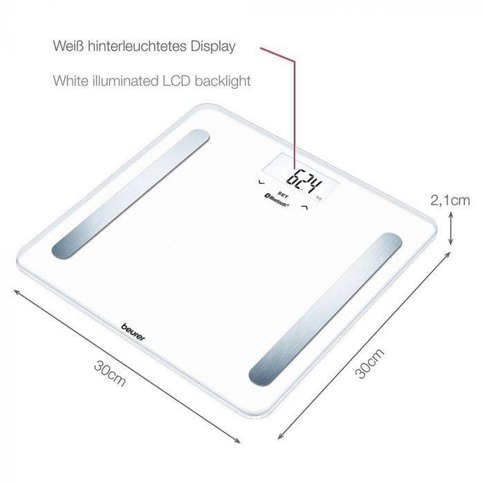 Ваги Beurer підлогові, 180кг, підкл. до смартфону, сенс. керування, 2хААА в комплекті, скло, білий
