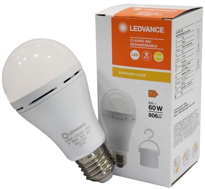 Лампа LEDVANCE LED E27 8Вт 806Лм 2700К A60 акумуляторна