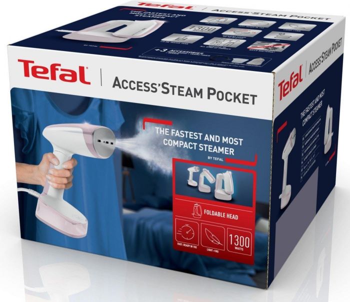 Відпарювач Tefal компактний Access' Steam Pocket, 1300Вт, 120мл, постійна пара - 20гр, біло-рожевий