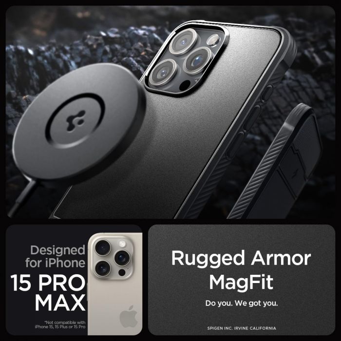 Чохол Spigen для Apple iPhone 15 Pro Max Rugged Armor MagFit, Matte Black