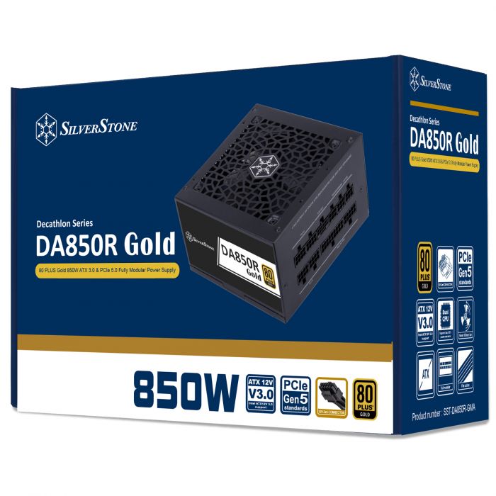 Блок живлення  SilverStone Decathlon  (850W), >89%, 80+ Gold, 120мм, 1xMB 24pin(20+4), 2xCPU 8pin(4+4), 4xMolex, 8xSATA, 4xPCIe 8pin(6+2), 1x(12+4pin)(12V-2x6) GEN5, Fully Modular