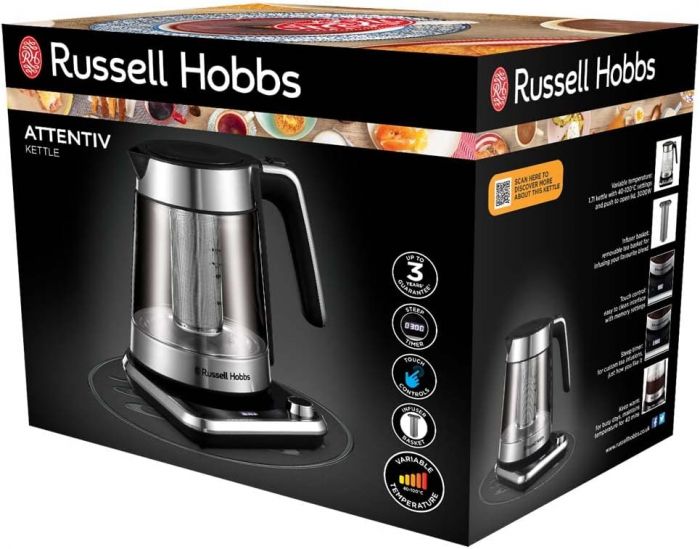 Електрочайник Russell Hobbs Attentiv Kettle, 1.7л, Strix, скло, база зі сховищем для шнура, сірий