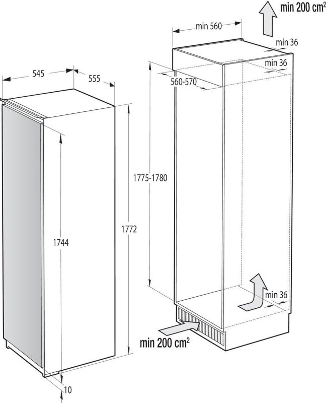 Холодильна камера Gorenje вбудована, 177х55х54см, 1 двері, 301л, А++, FrostLess , Зона св-ті, Внутр. Диспл, Білий