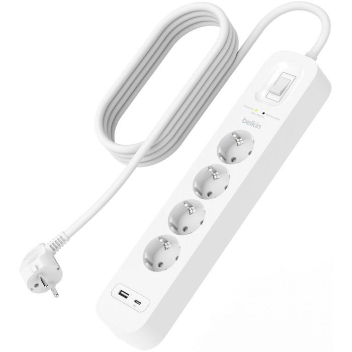 Подовжувач-фільтр мережевий Belkin 4хТип F, 3x1.5мм кв, 16А, USB-A/USB-C 18Вт, з захистом від перенапруги, 2м, білий