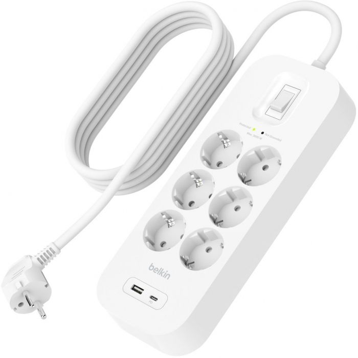 Подовжувач-фільтр мережевий Belkin 6хТип F, 3x1.5мм кв, 16А, USB-A/USB-C 18Вт, з захистом від перенапруги, 2м, білий