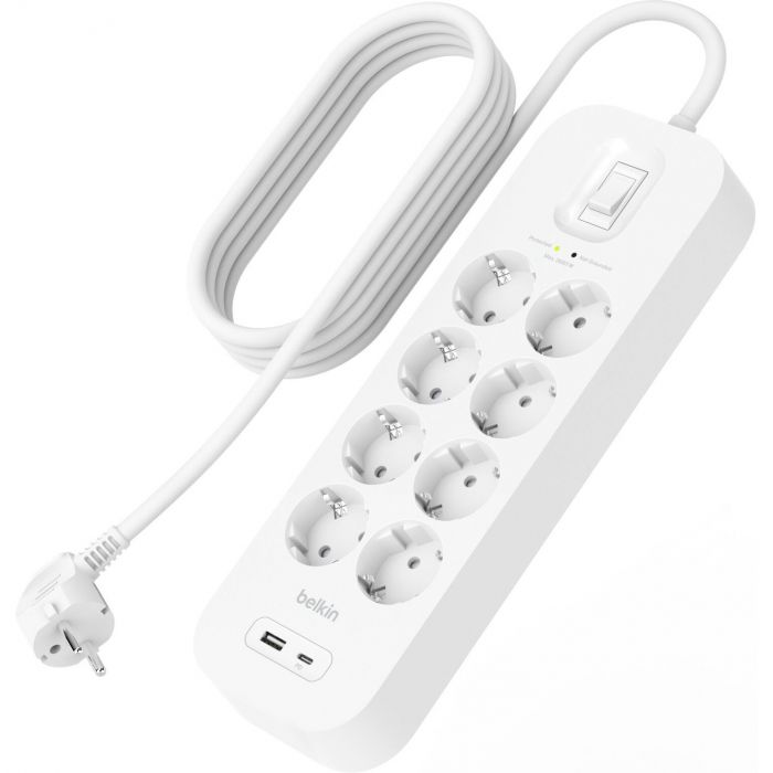 Подовжувач-фільтр мережевий Belkin 8хТип F, 3x1.5мм кв, 16А, USB-A/USB-C 18Вт, з захистом від перенапруги, 2м, білий