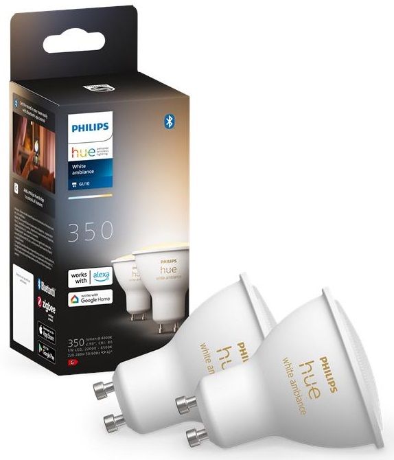 Лампа розумна Philips Hue GU10, 5W(50Вт), 2200K-6500K, Tunable white, ZigBee, Bluetooth, димування, 2шт