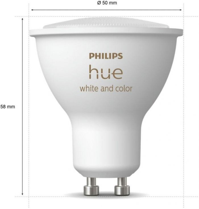 Лампа розумна Philips Hue GU10, 5.7W(50Вт), 2000K-6500K, RGB, ZigBee, Bluetooth, димування