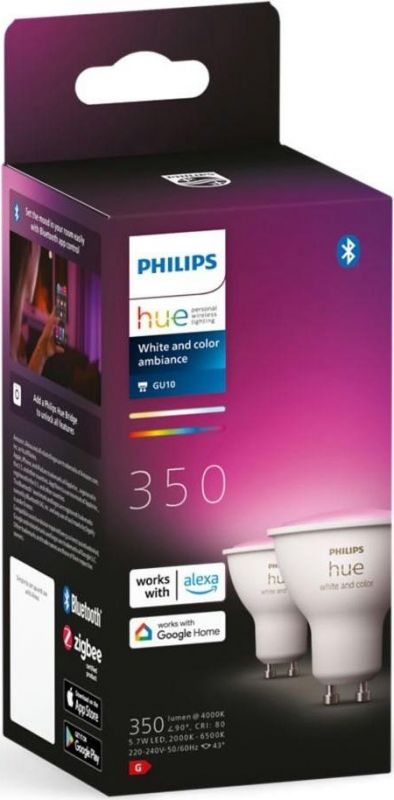 Лампа розумна Philips Hue GU10, 5.7W(50Вт), 2000K-6500K, RGB, ZigBee, Bluetooth, димування, 2шт