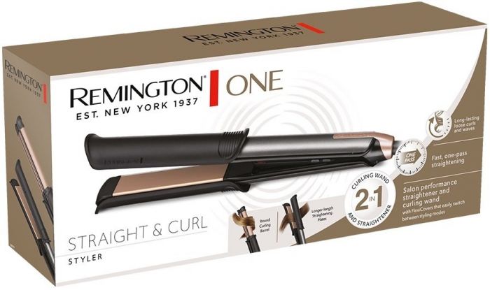 Випрямляч 2в1 Remington ONE STRAIGHT & CURL, 2в1 випрямляч та плойка, темп.режимов-5, 150-230С, кейс та рукавичка в комплекті, кераміка, чорний