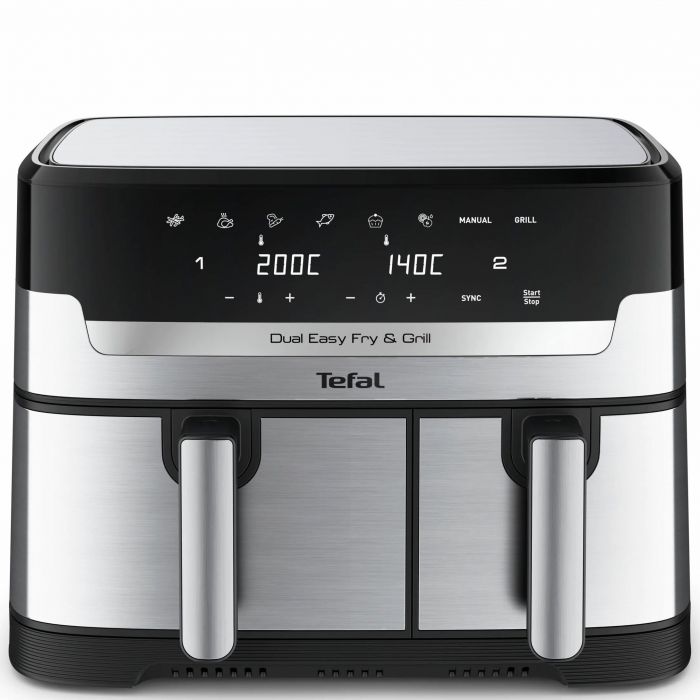 Мультипіч Tefal Dual EasyFry&Grill AirFryer, 2700Вт, чаша-5.2+3.1л, сенсорне керув., 2 чаши, гриль, пластик, сіро-чорний