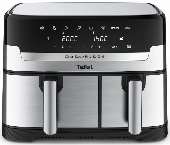 Мультипіч Tefal Dual EasyFry&Grill AirFryer, 2700Вт, чаша-5.2+3.1л, сенсорне керув., 2 чаши, гриль, пластик, сіро-чорний