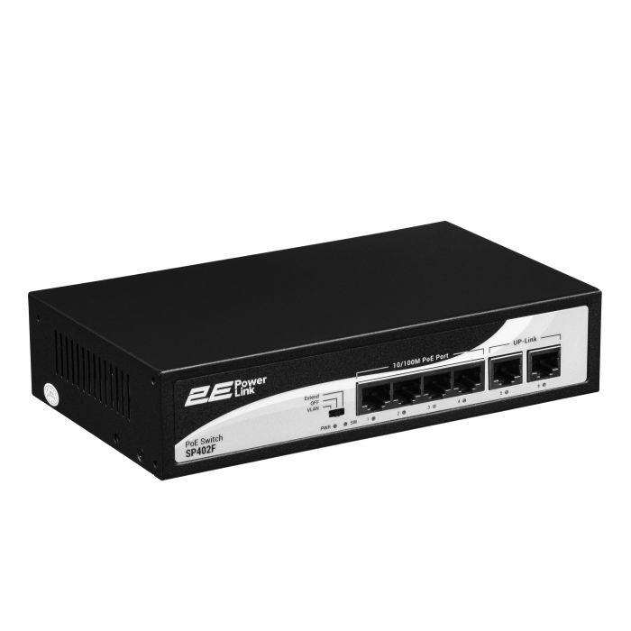 Комутатор 2E PowerLink SP402F 6xFE (4xPoE, 2xUplink), 55Вт, Некерований