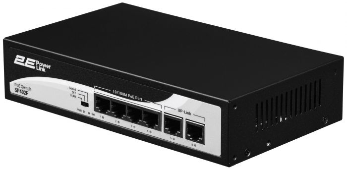 Комутатор 2E PowerLink SP402F 6xFE (4xPoE, 2xUplink), 55Вт, Некерований