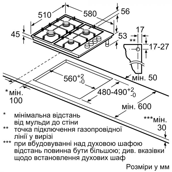 Варильна поверхня Bosch газова, 60см, чавун, нерж