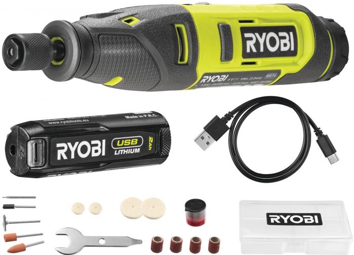 Шліфмашина пряма Ryobi RRT4-120GA15, 4В USBLIthium, АКБ 1х2А•год, набір аксусуарів