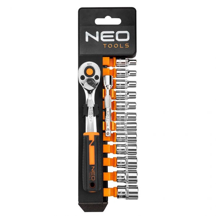 Набір торцевих головок Neo Tools, 14шт, 1/4", тріскачка 90 зубців, CrV