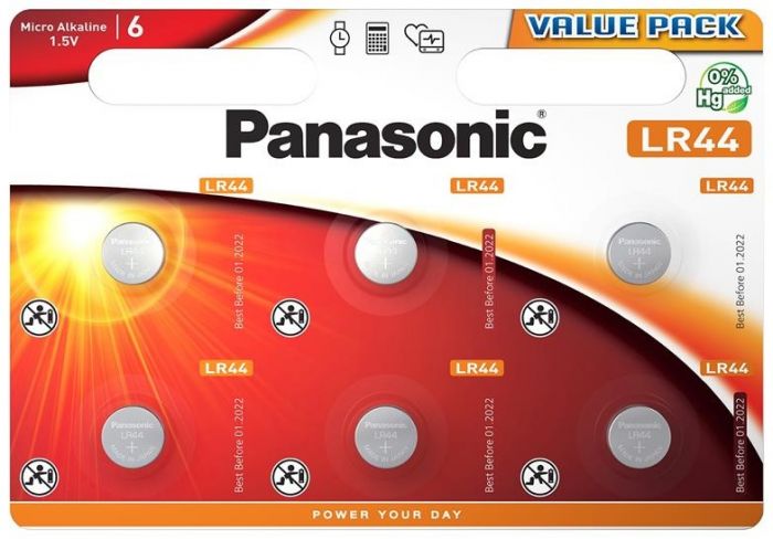 Батарейка Panasonic лужна LR44(A76, AG13, G13A, PX76, GP76A, RW82) блістер, 6 шт.