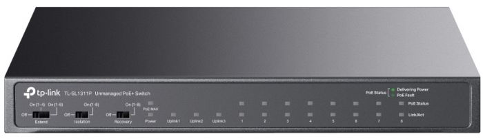 Комутатор TP-LINK TL-SL1311P 8x1FE (8xPoE), 2xGE, 1xSFP, 65Вт, Некерований