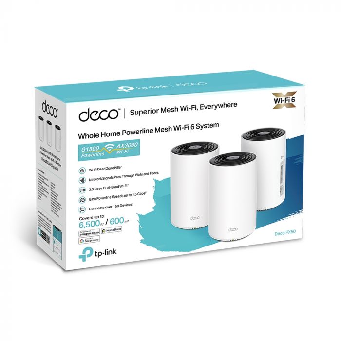 Система WiFi-Mesh TP-LINK Deco PX50 AX3000, 3xGE LAN/WAN, 3 мод, Powerline G1500