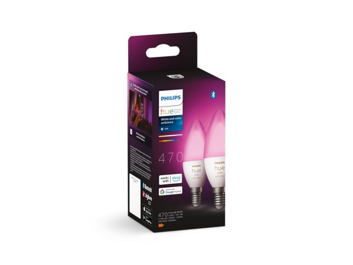 Лампа розумна Philips Hue E14, 5.3W(40Вт), 2000K-6500K, RGB, ZigBee, Bluetooth, димування, 2шт