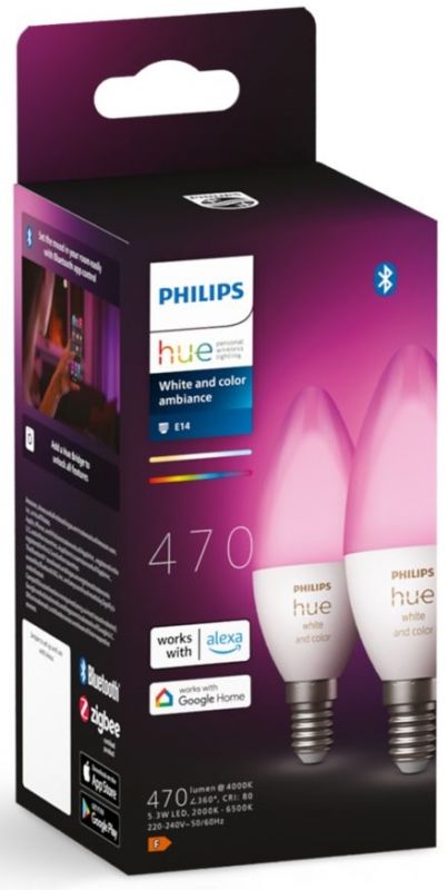 Лампа розумна Philips Hue E14, 5.3W(40Вт), 2000K-6500K, RGB, ZigBee, Bluetooth, димування, 2шт