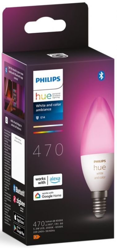 Лампа розумна Philips Hue E14, 5.3W(40Вт), 2000K-6500K, RGB, ZigBee, Bluetooth, димування