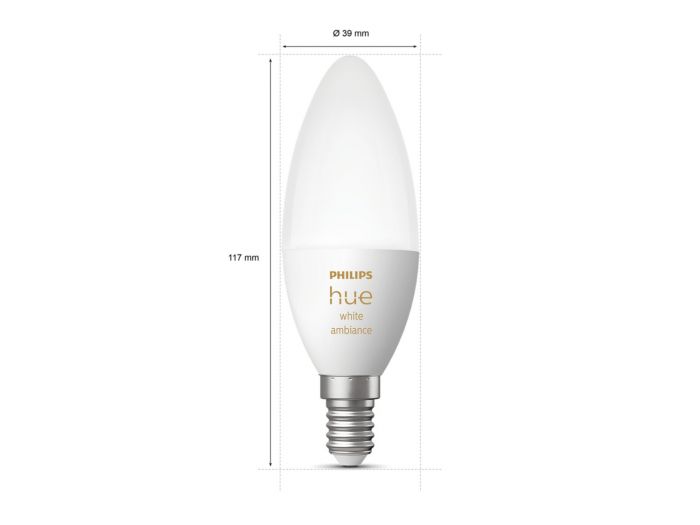 Лампа розумна Philips Hue E14, 5.2W(40Вт), 2200K-6500K, Tunable white, ZigBee, Bluetooth, димування, 2шт