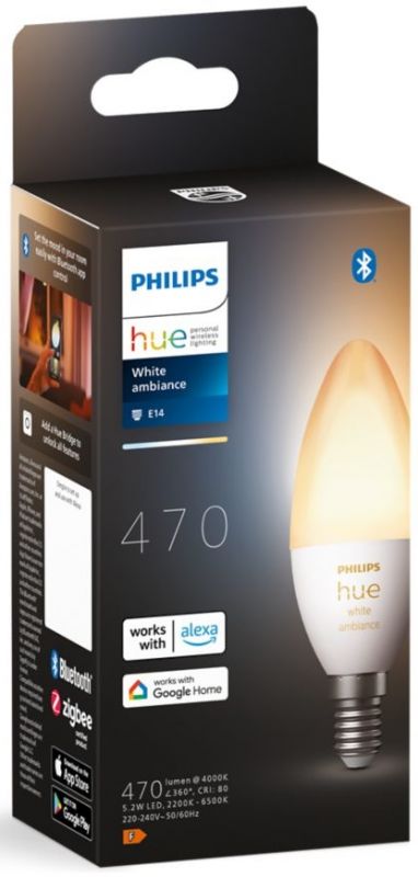 Лампа розумна Philips Hue E14, 5.2W(40Вт), 2200K-6500K, Tunable white, ZigBee, Bluetooth, димування