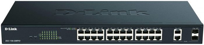 Комутатор D-Link DGS-1100-26MPV2 24xGE PoE, 2xSFP/GE, 370Вт, EasySmart