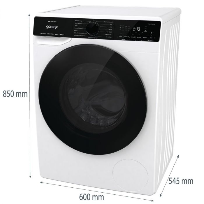 Пральна машина Gorenje фронтальна, 8кг, 1400, A+++, 55см, дисплей, інвертор, пара, Wi-Fi, білий